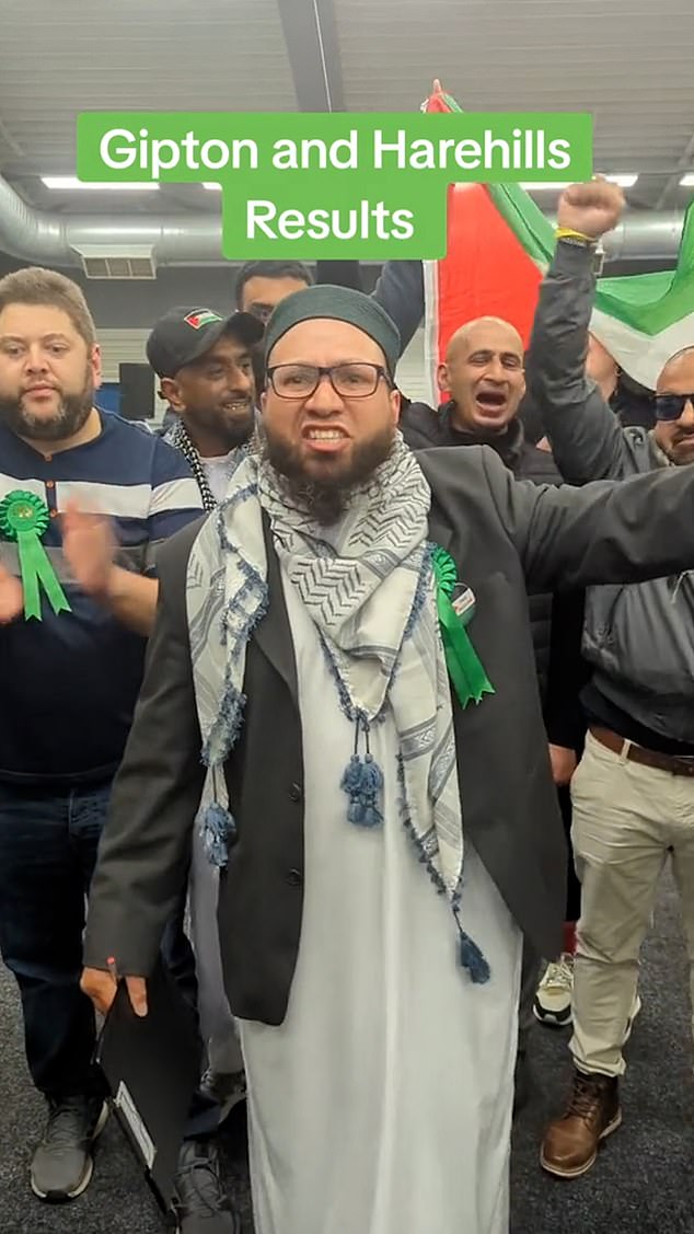 Dozens of pro-Palestine councillors were elected during the local elections last week after making the conflict in the Middle East part of their platform. Pictured: The moment a Green Party councillor shouts 'Allahu Akbar' after being elected in Leeds