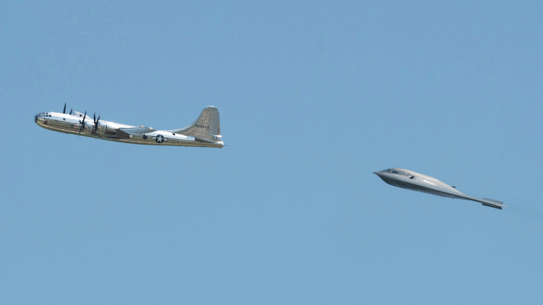Two legendary U.S. nuclear bombers, their first flights separated by almost half a century, took to the skies over Missouri at the weekend. The formation flights by the U.S. Air Force B-2 Spirit stealth bomber and the B-29 Doc — one of only two examples of the World War II-era bomber that are flying anywhere in the world — were, the service believes, the first time that these two legendary aircraft had flown together in this way.
