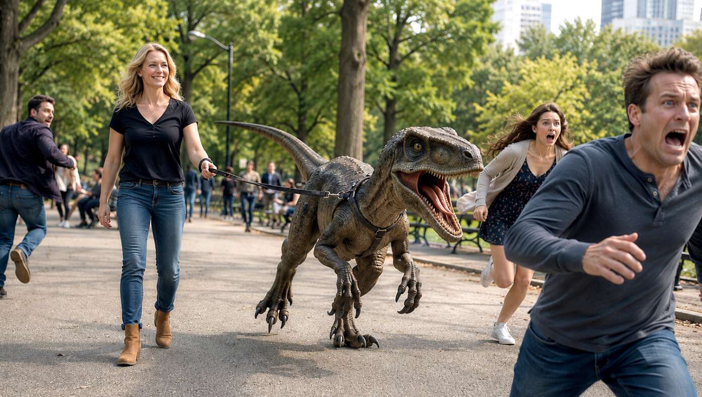 Image for article: 'There Aren't Bad Pets, Only Bad Owners,' Explains Woman Out Walking Velociraptor
