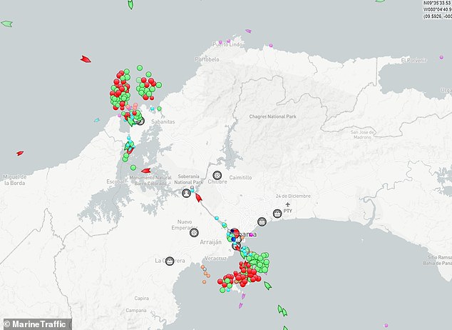 Vessel-tracking data highlights the extent of issue with hundreds of ships, mainly bulk cargo or gas carriers, seen waiting near entrances to the canal on the Pacific and Atlantic oceans