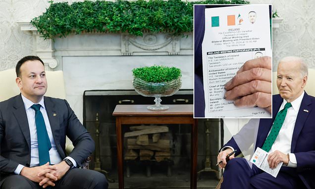 Joe Biden wields cheat sheet for White House meeting with Taoiseach telling him how to