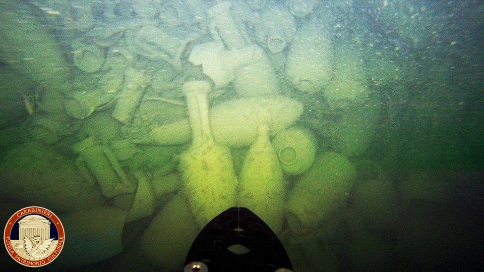 A view of amphorae found by Carabinieri Command for the Protection of Cultural Heritage in a wreck of an ancient Roman cargo ship at the bottom of the sea in Civitavecchia, near Rome, Italy, 25 July 2023