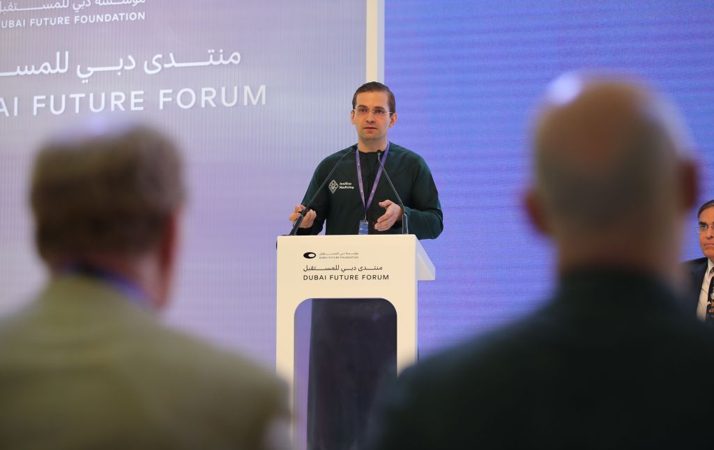 Alex Zhavoronko, Founder and Chief Executive Officer of Insilico Medicine speaks during a session at the Dubai Future Forum at the museum of the Future in Gulf emirate of Dubai, United Arab Emirates, 12 October 2022. 