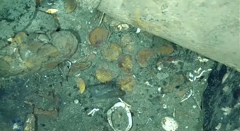 Gold coins in sand on ocean floor. 