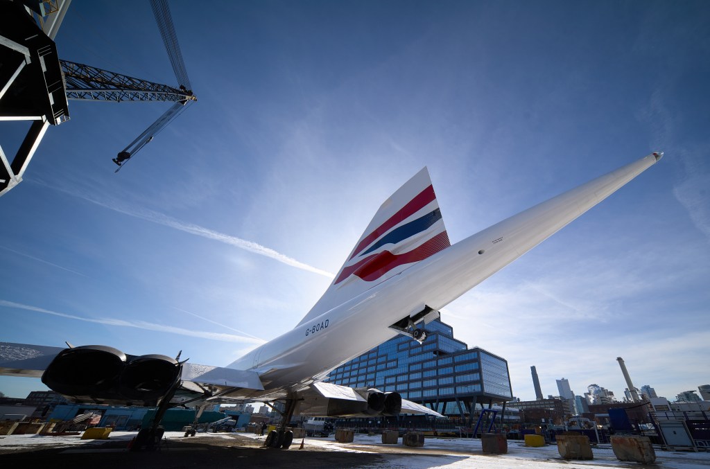 A view of the newly restored tail section of the Concorde as it sits at the  Brooklyn Navy Yard.