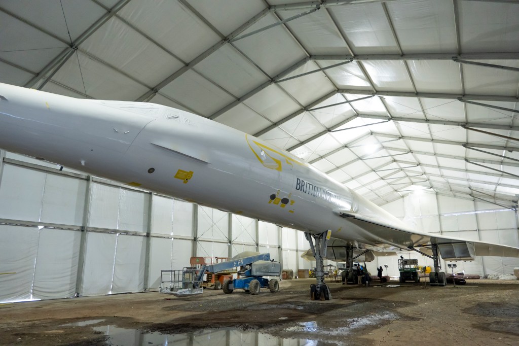 A massive tent was erected to cover Concorde at the GMD Shipyard in Brooklyn, New York.