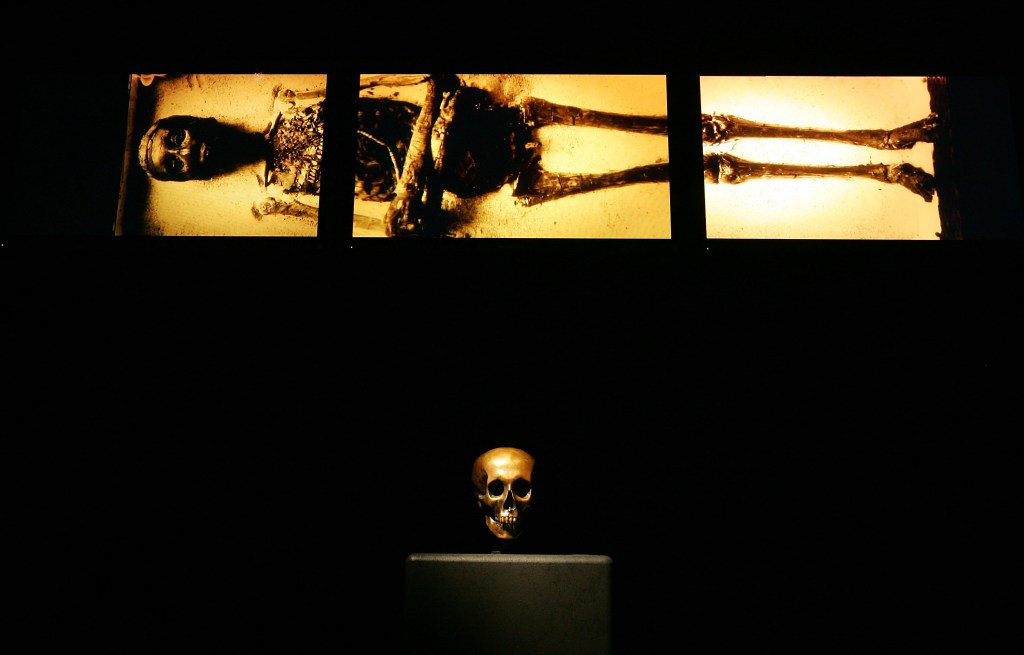 Medical imagery of Tutankhamun is shown above a replica of King Tut's skull while on display during the Tutankhamun And The Golden Age Of The Pharaohs Exhibit Opening at the Los Angeles County Museum of Art (LACMA) on June 15, 2005 in Los Angeles, California.