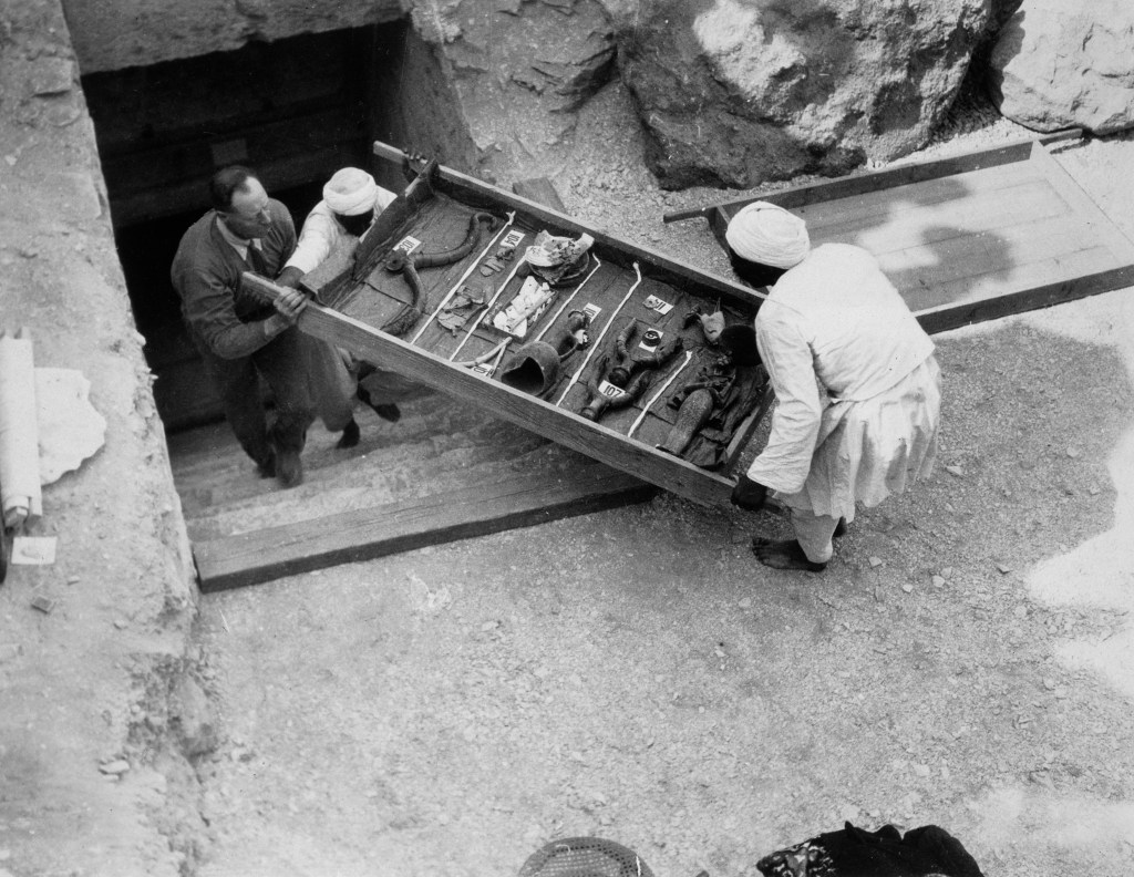 a tray of chariot parts from the Tomb of Tutankhamun, Valley of the Kings, Egypt, 1922.