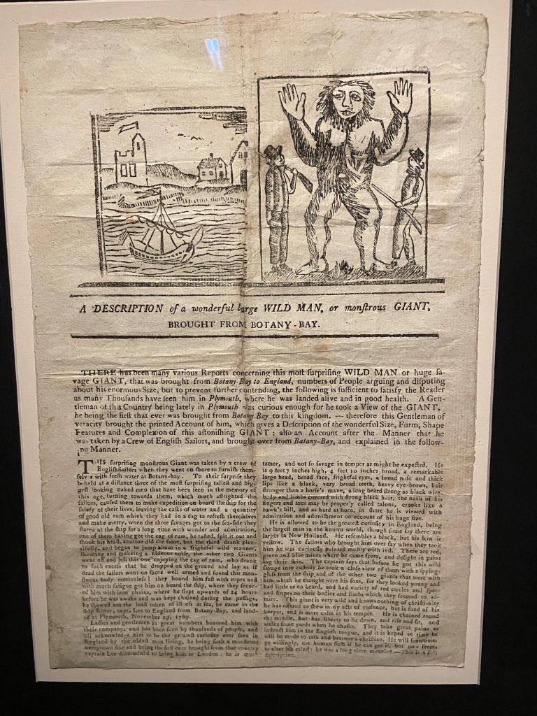 Report from 1789 Sydney Australia of a Giant that was captured. Article hangs in the state library and disqualified as fake news by the museum.
