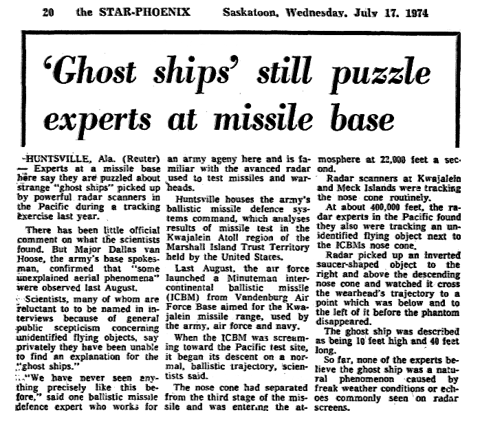 'Ghost Ships' Still Puzzle Experts at Missile Basa - Star Phoenix 7-17-1974.png