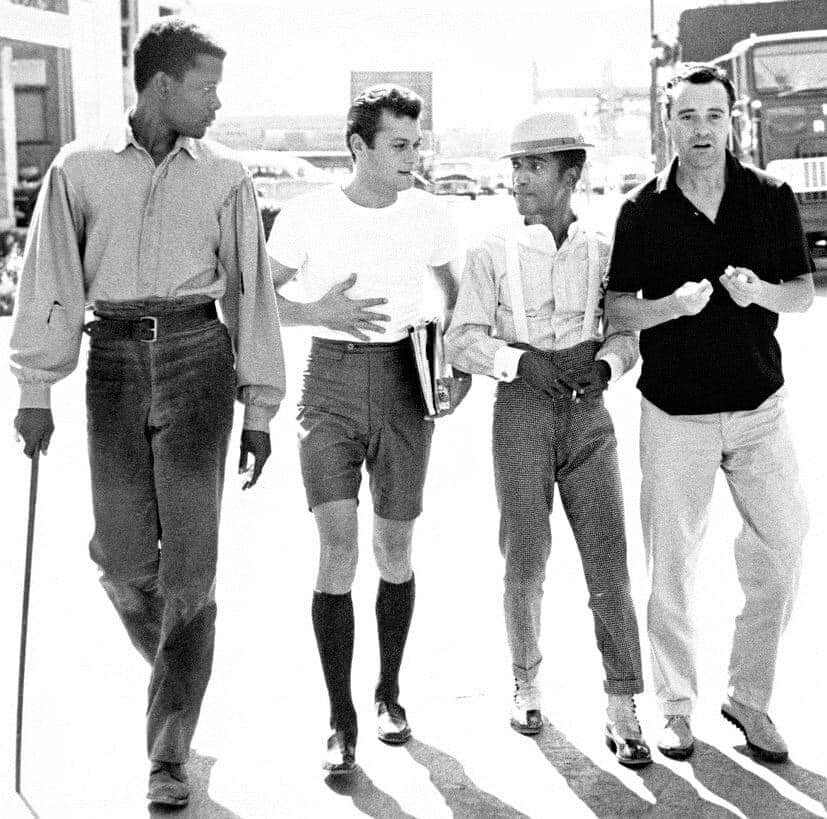 Sidney Poitier, Tony Curtis, Sammy Davis Jr and Jack Lemmon on the lot of Goldwyn Studios, 1959.jpg