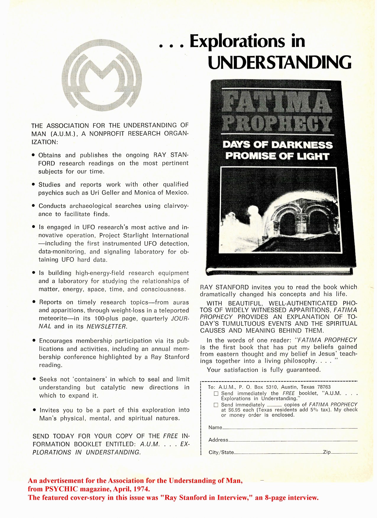 Fatima Prophecy Ad - Psychic Magazine (April 1974) (1275 X 1754)
