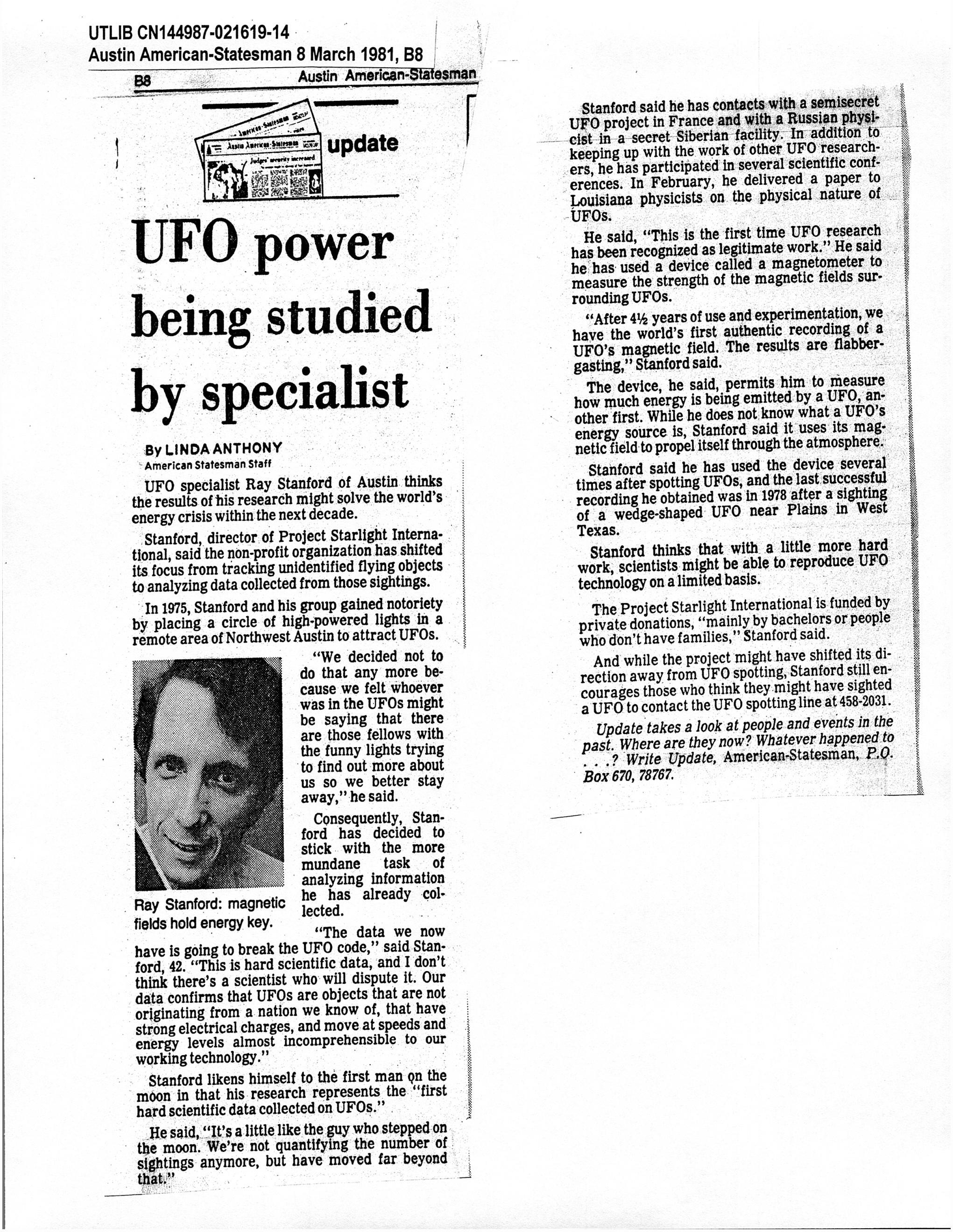 Ray Stanford Archive Clip Austin American-Statesman March 8, 1981