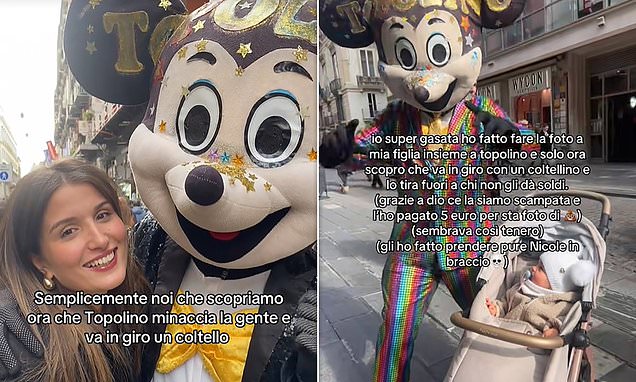 Mickey Mouse mascot poses with tourists before launching KNIFE ATTACK and extorting cash