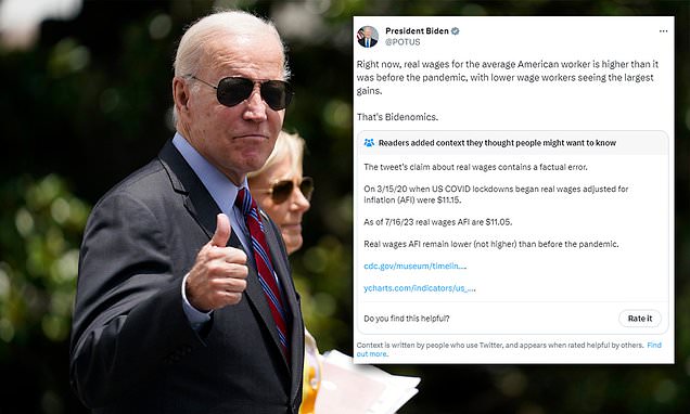 Biden is fact-checked by Twitter for wrongly boasting that real wages are higher than