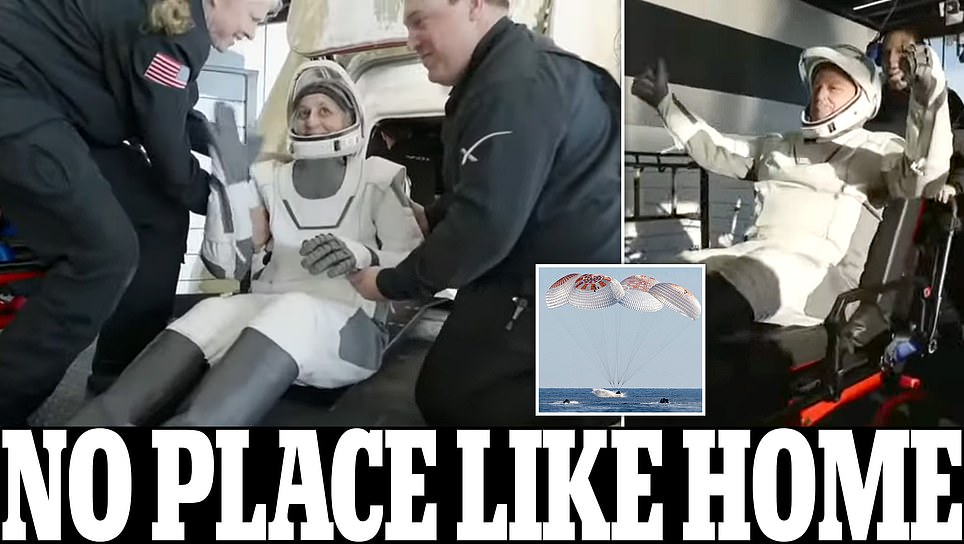 Frail NASA astronauts are stretchered from rescue ship and rushed to medical checks after