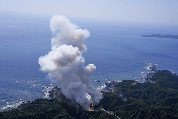 Space One's Kairos rocket explodes after liftoff from a launch pad in Kushimoto, Wakayama prefecture, western Japan, Wednesday, March 13, 2024. The rocket touted as Japan’s first from the private sector to go into orbit exploded shortly after takeoff Wednesday, livestreamed video showed.(Kyodo News via AP)