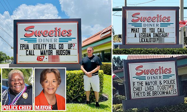 Owner of Florida dine posts irreverent messages on marquee insulting town mayor and chief