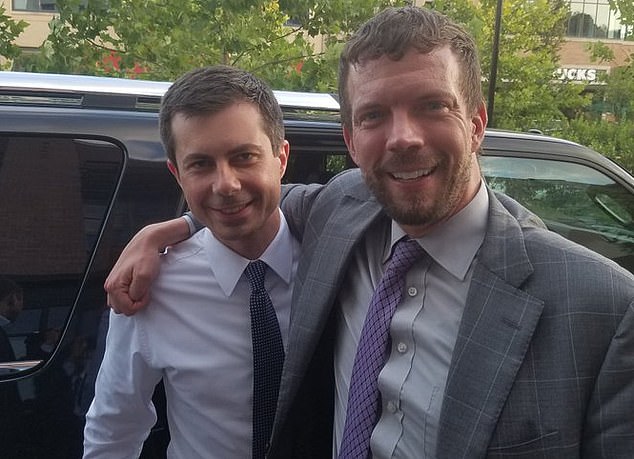 Maryland mayor Patrick Wojahn (right),who has been busted on 56 child pornography charges, has called embattled Transportation Secretary Pete Buttigeig (left) his 'buddy' and 'mentor'