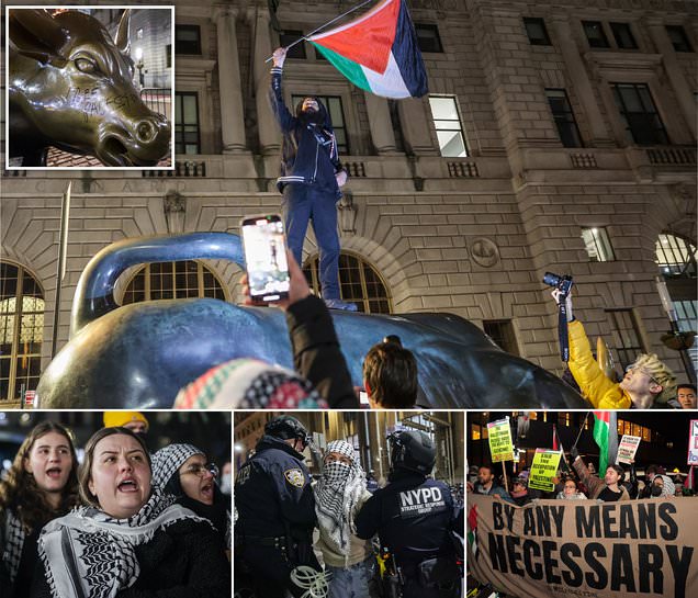Pro-Palestine protesters mount Wall Street's famous Charging Bull and challenge NYPD