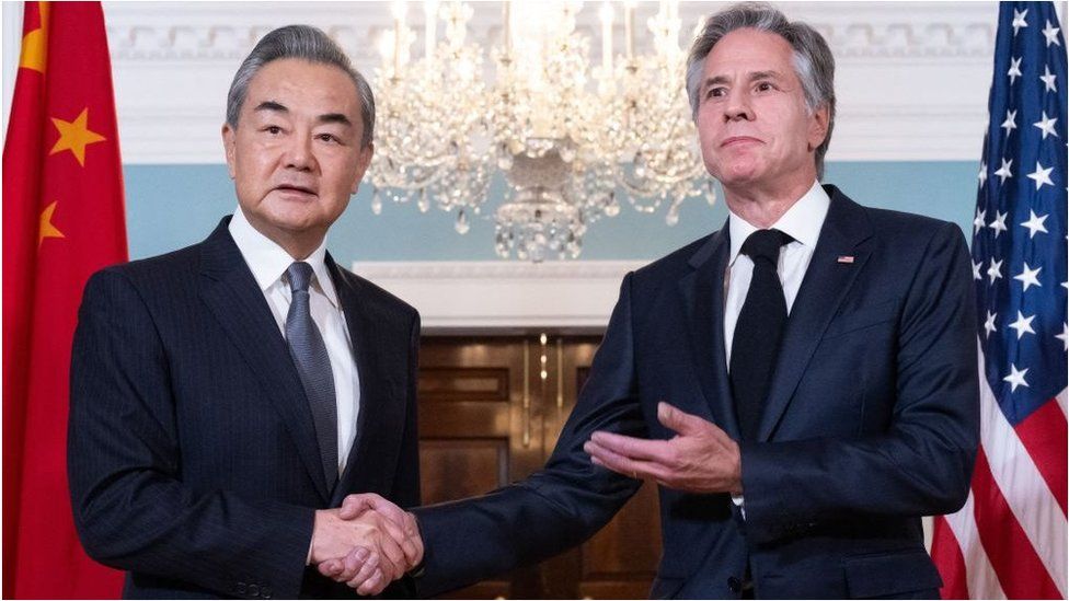 US Secretary of State Antony Blinken shakes hands with Chinese Foreign Minister Wang Yi prior to meetings at the State Department in Washington, DC, October 26, 2023.