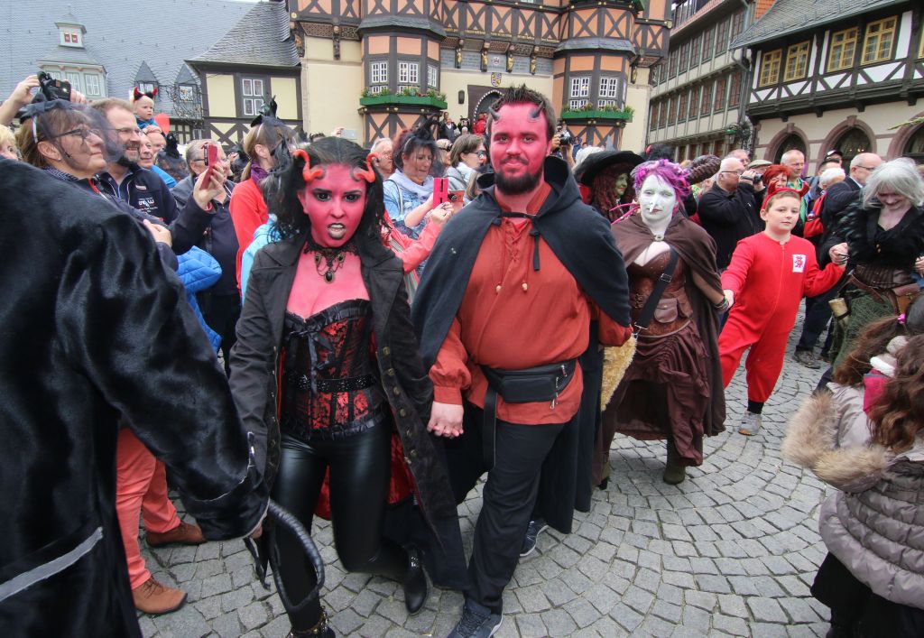People dress as devils and witches during Walpurgis Night, also referred to as Witches' Night.