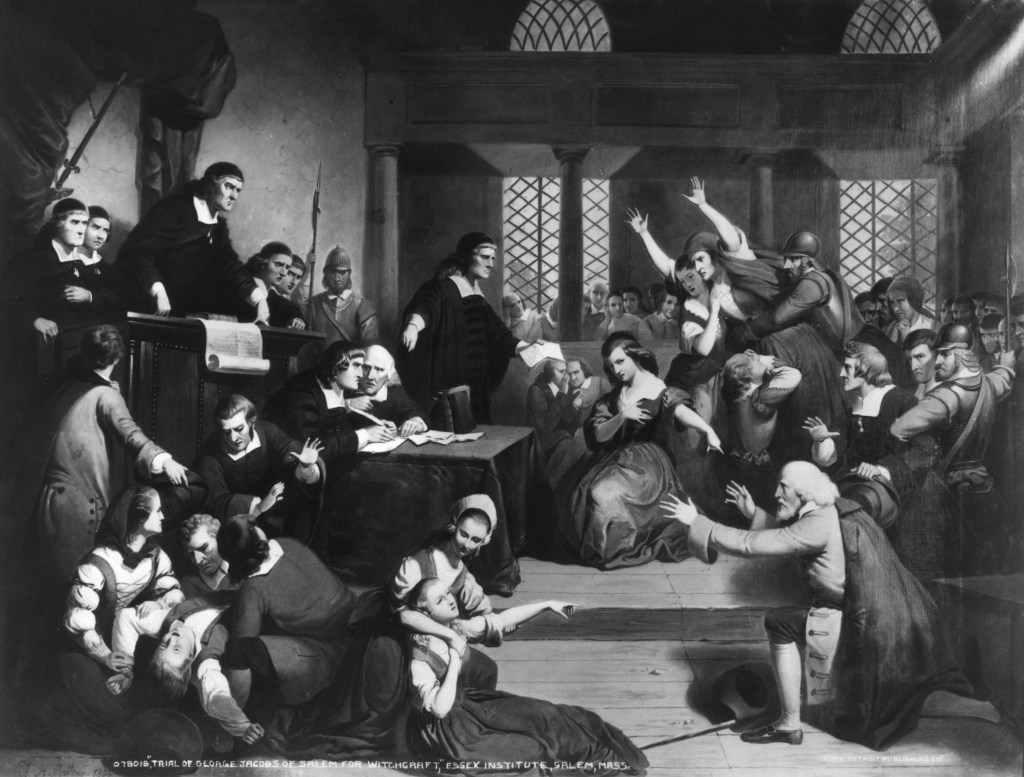Circa 1692, The trial of George Jacobs for witchcraft at the Essex Institute in Salem, Massachusetts. 