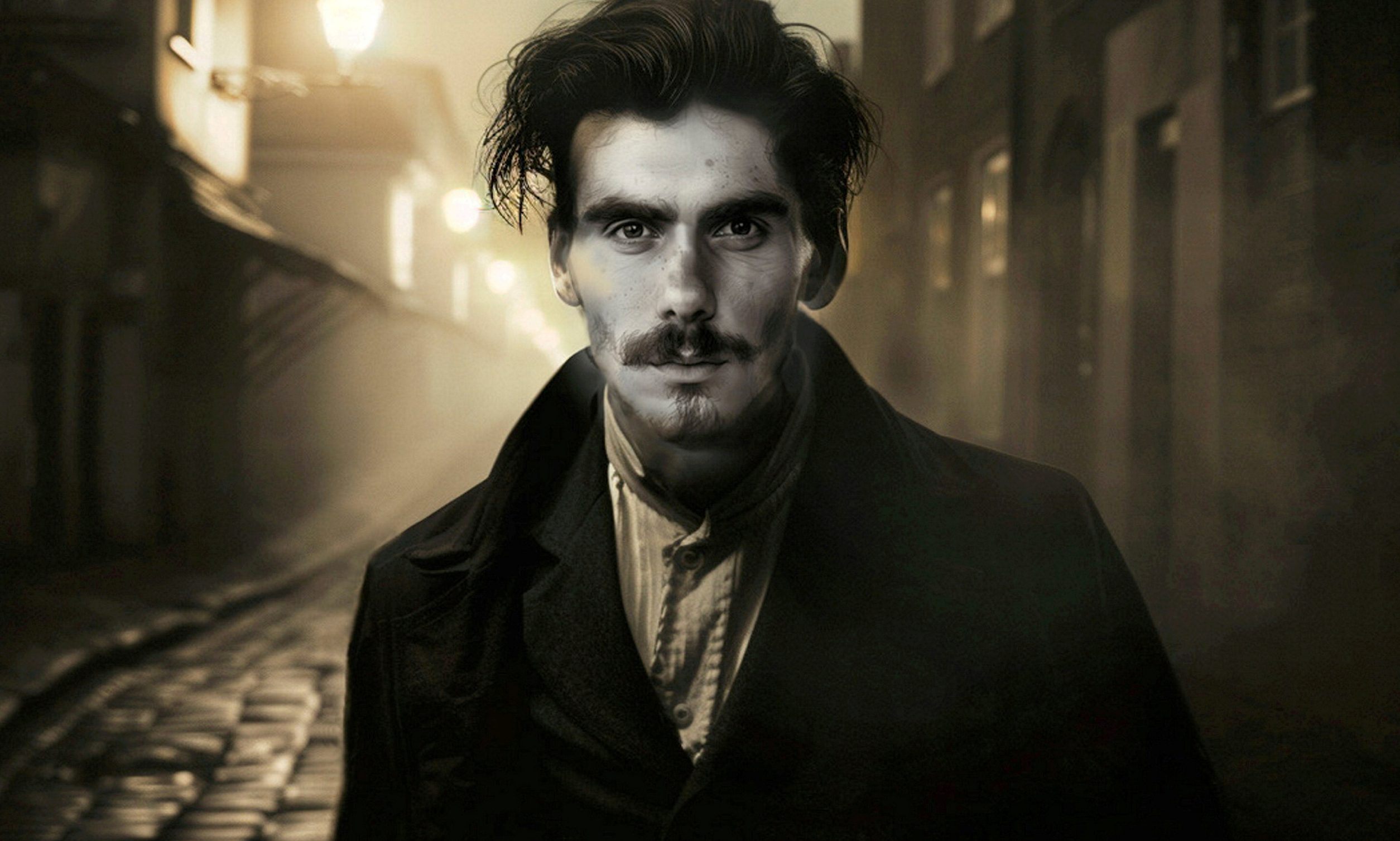 A portrait of a man with mustache and beard, suspected to be Jack the Ripper, created by AI using a photo of Aaron Kosminski as reference.