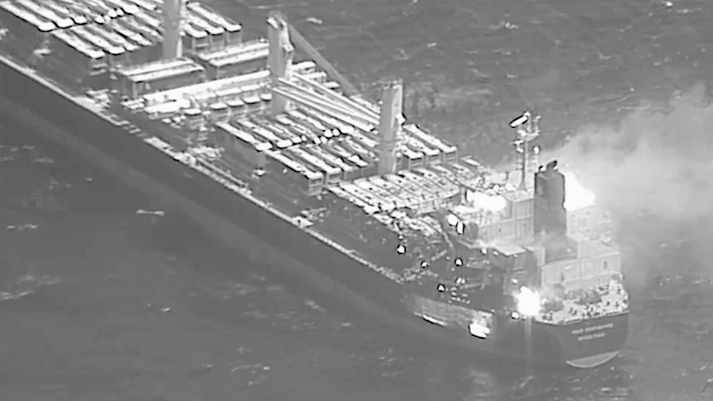 A view of the MV<em> True Confidence</em> on fire after a Houthi anti-ship ballistic missile attack. <em>CENTCOM</em>